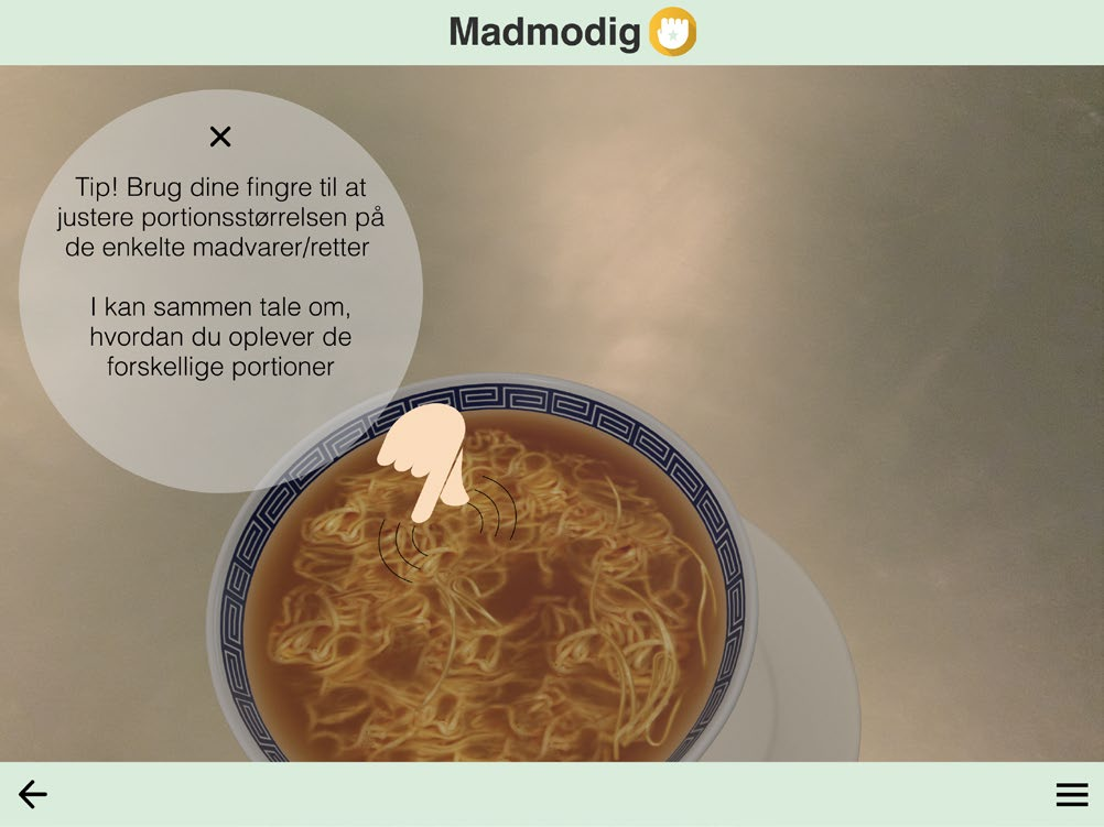 Madmodig-grænseflade med en virtuel skål nudler og vejledning til portionsstørrelse
